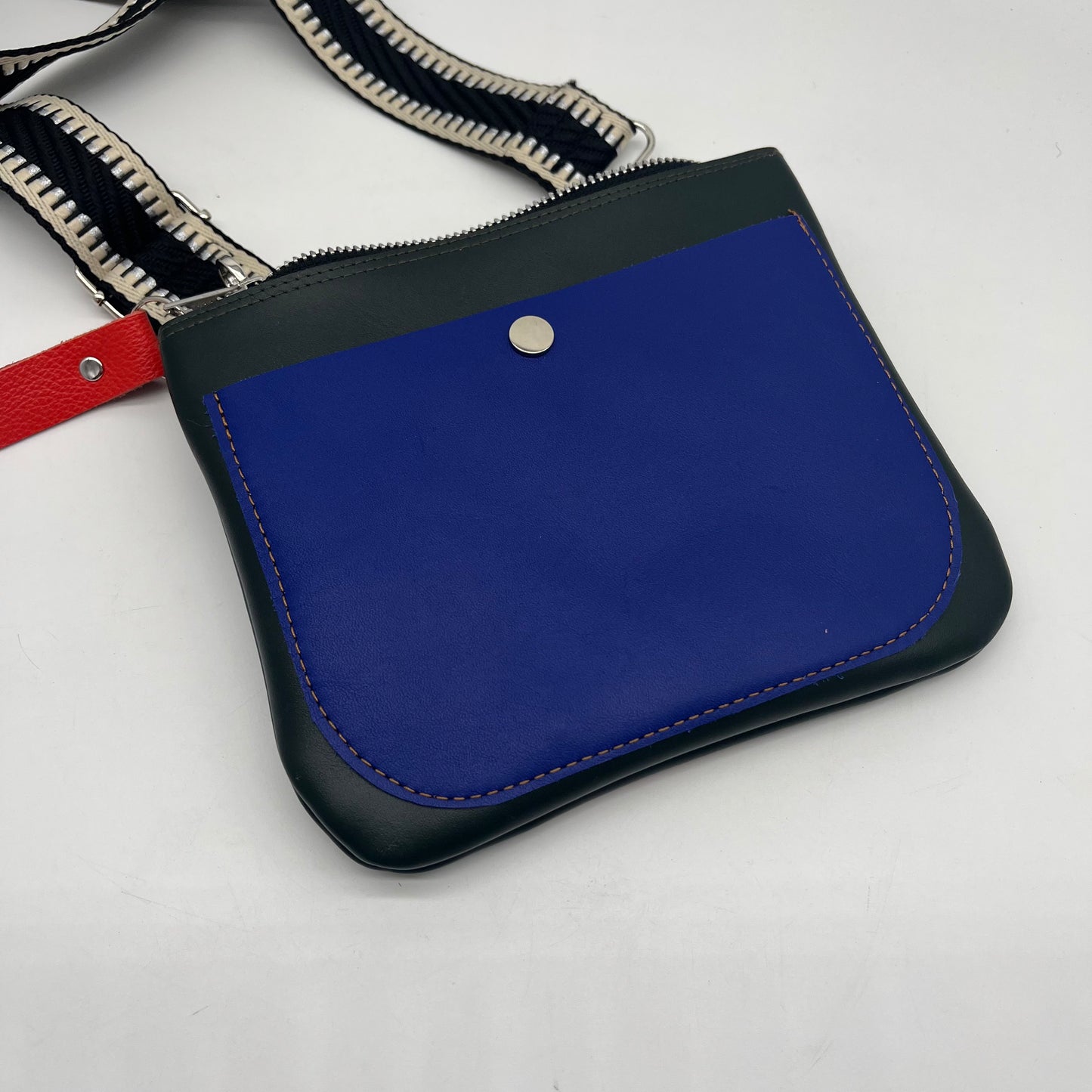 Small Crossbody Bag ~ Blue & Pink ~ black zipper