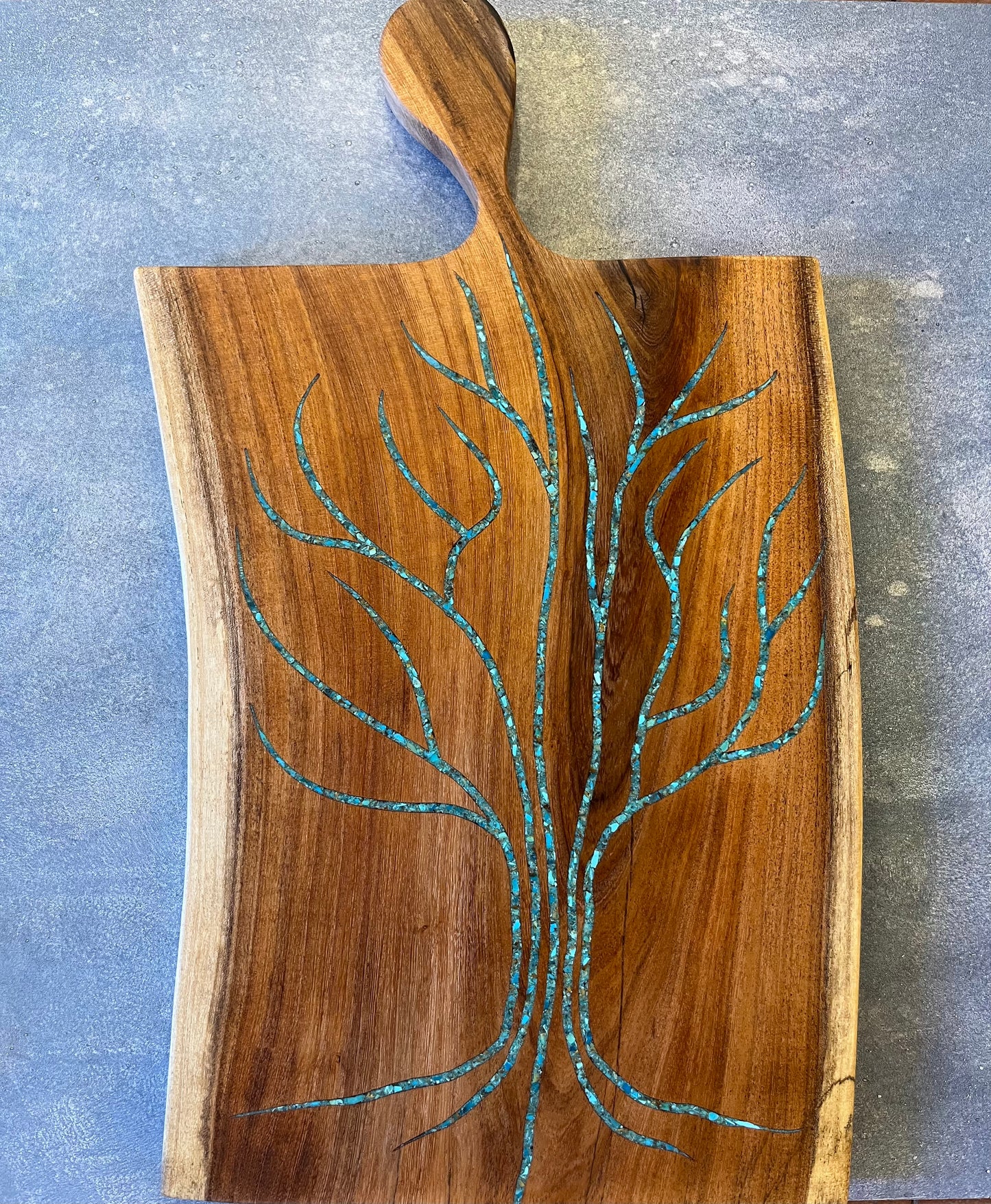 Tree of life mesquite charcuterie board inlaid with Kingman turquoise
