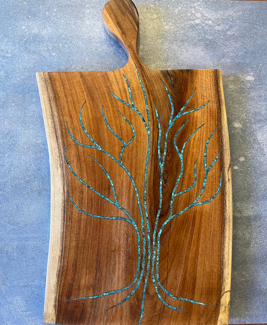 Tree of life mesquite charcuterie board inlaid with Kingman turquoise