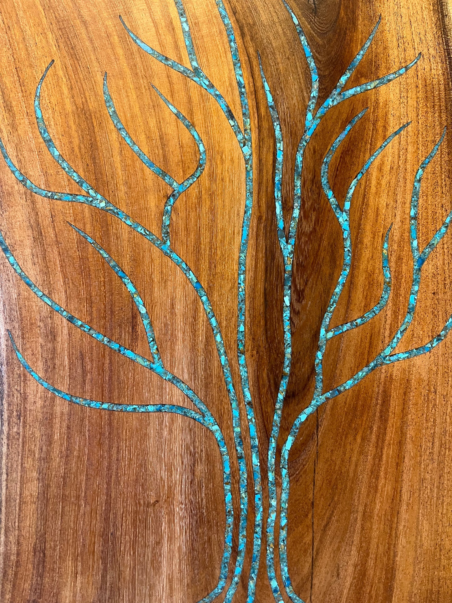 Tree of life mesquite charcuterie board inlaid with Kingman turquoise