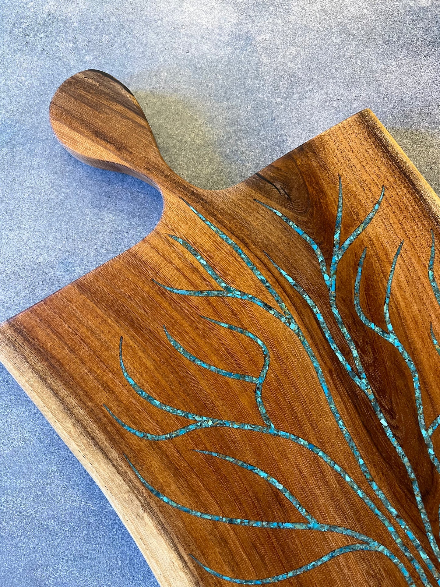 Tree of life mesquite charcuterie board inlaid with Kingman turquoise
