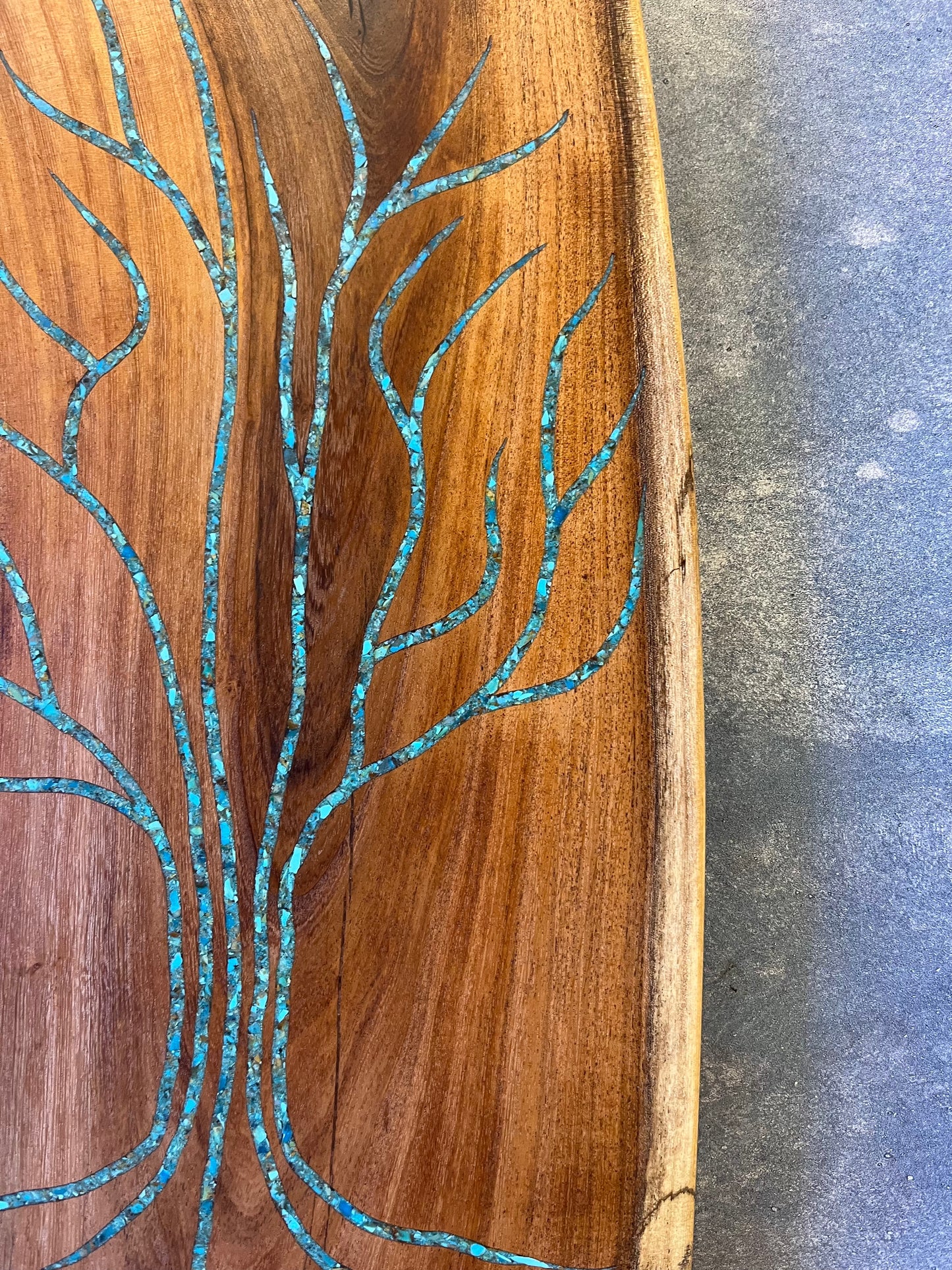 Tree of life mesquite charcuterie board inlaid with Kingman turquoise