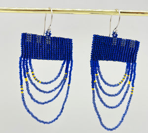 Beaded Fringe Earrings Blue + Yellow