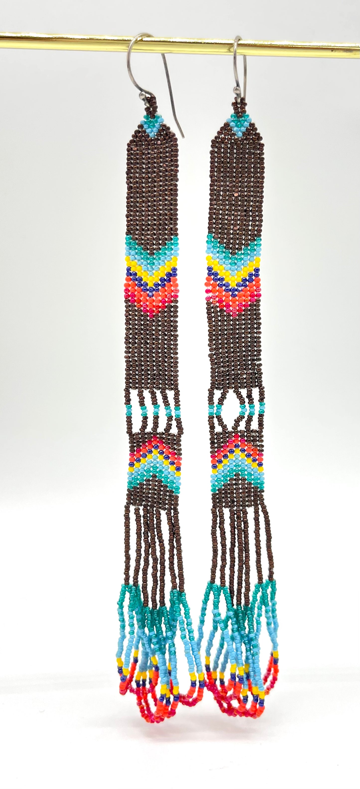 Beaded Fringe Earrings Turquoise + Brown + Red