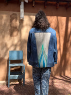 Denim Wrangler fleece Jacket - Handwoven back panel - Size Large