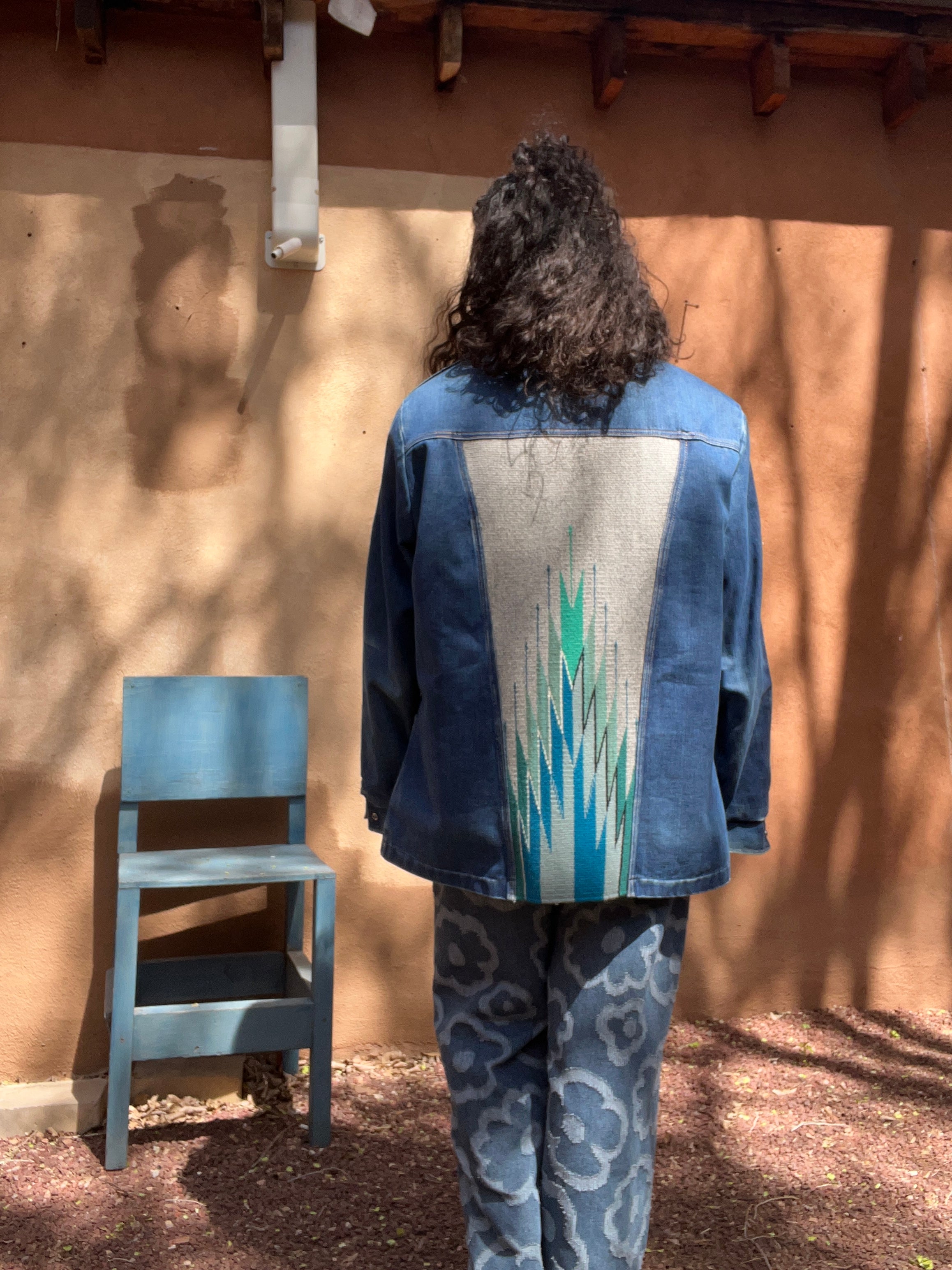 Denim Wrangler fleece Jacket - Handwoven back panel - Size Large