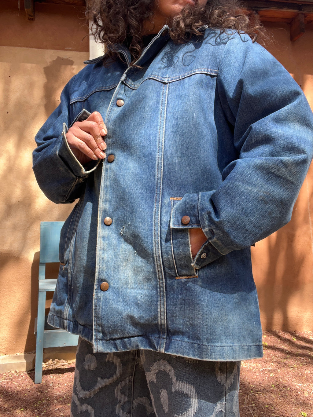 Denim Wrangler fleece Jacket - Handwoven back panel - Size Large