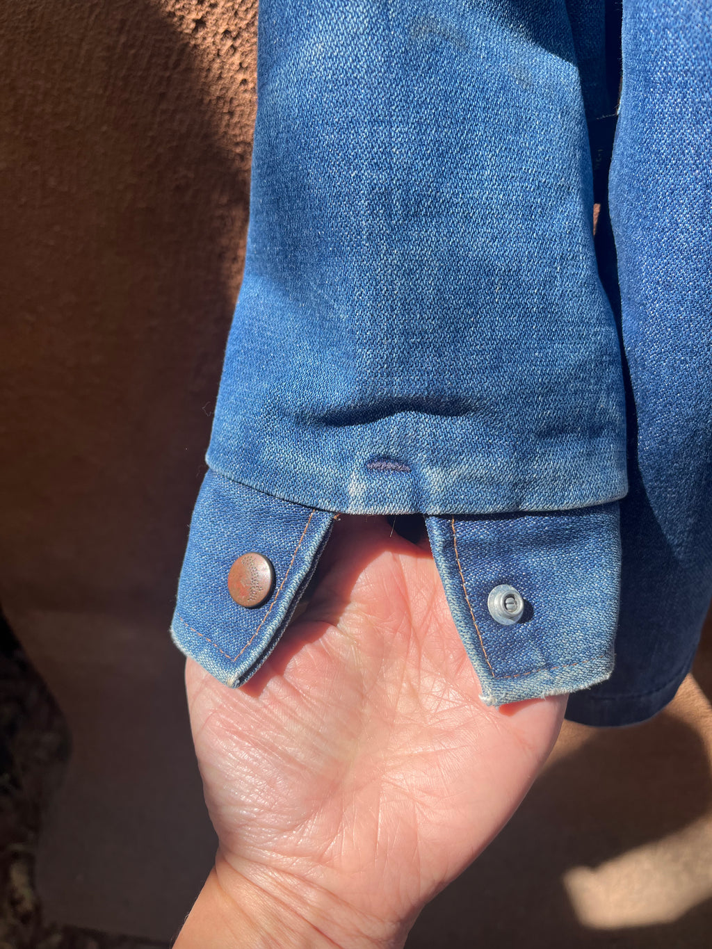 Denim Wrangler fleece Jacket - Handwoven back panel - Size Large