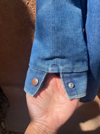 Denim Wrangler fleece Jacket - Handwoven back panel - Size Large