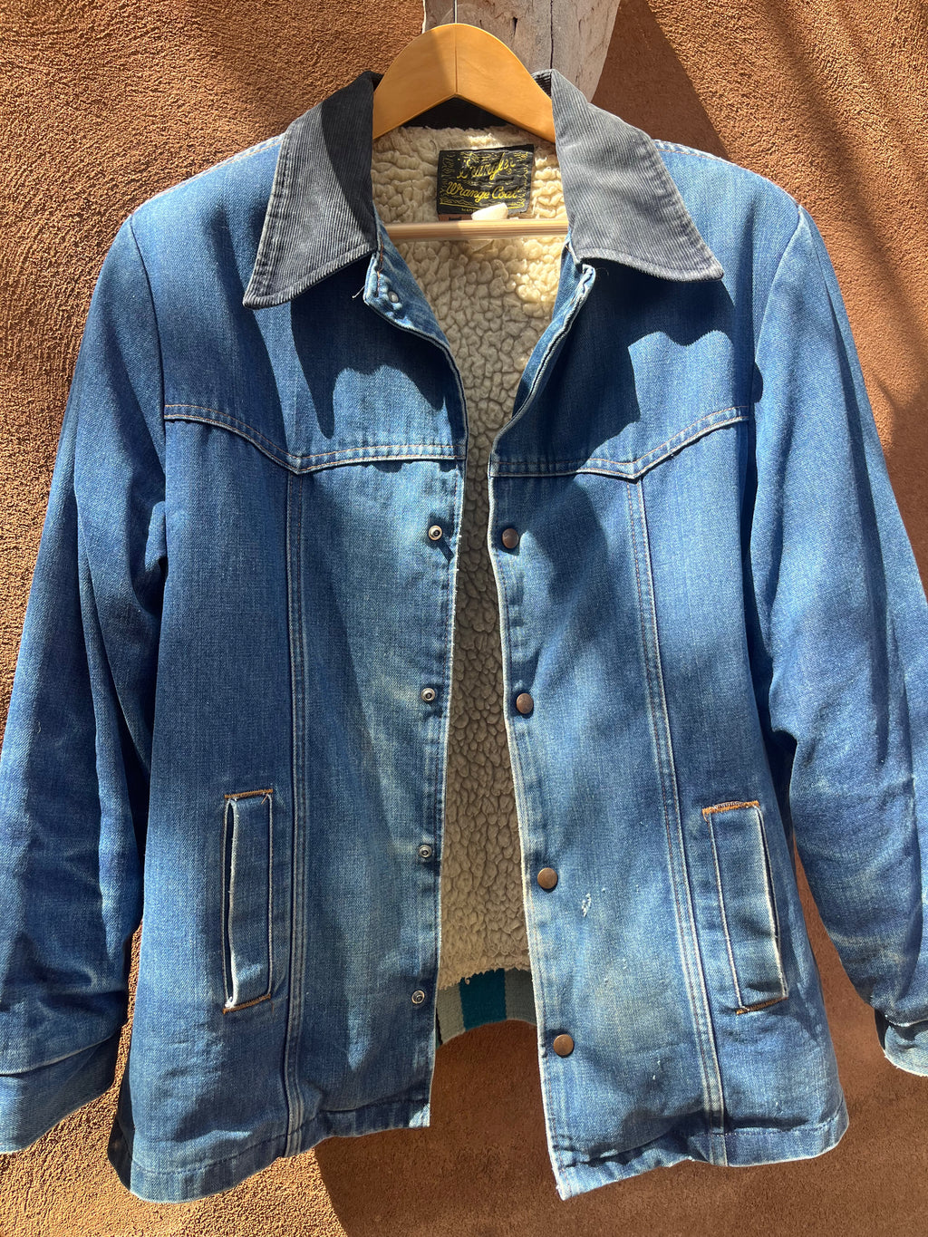 Denim Wrangler fleece Jacket - Handwoven back panel - Size Large