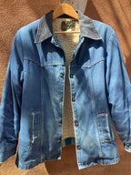 Denim Wrangler fleece Jacket - Handwoven back panel - Size Large