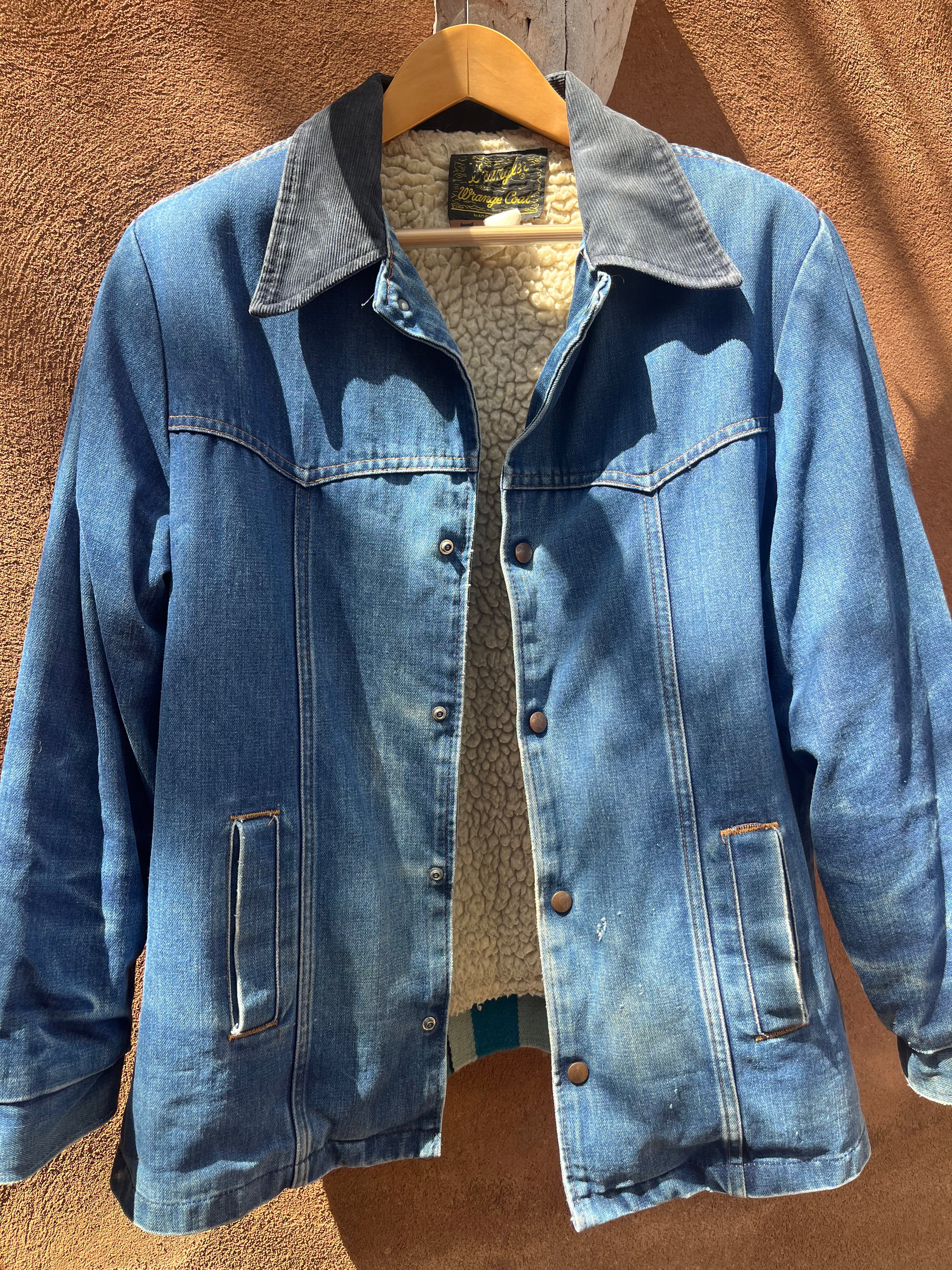 Denim Wrangler fleece Jacket - Handwoven back panel - Size Large