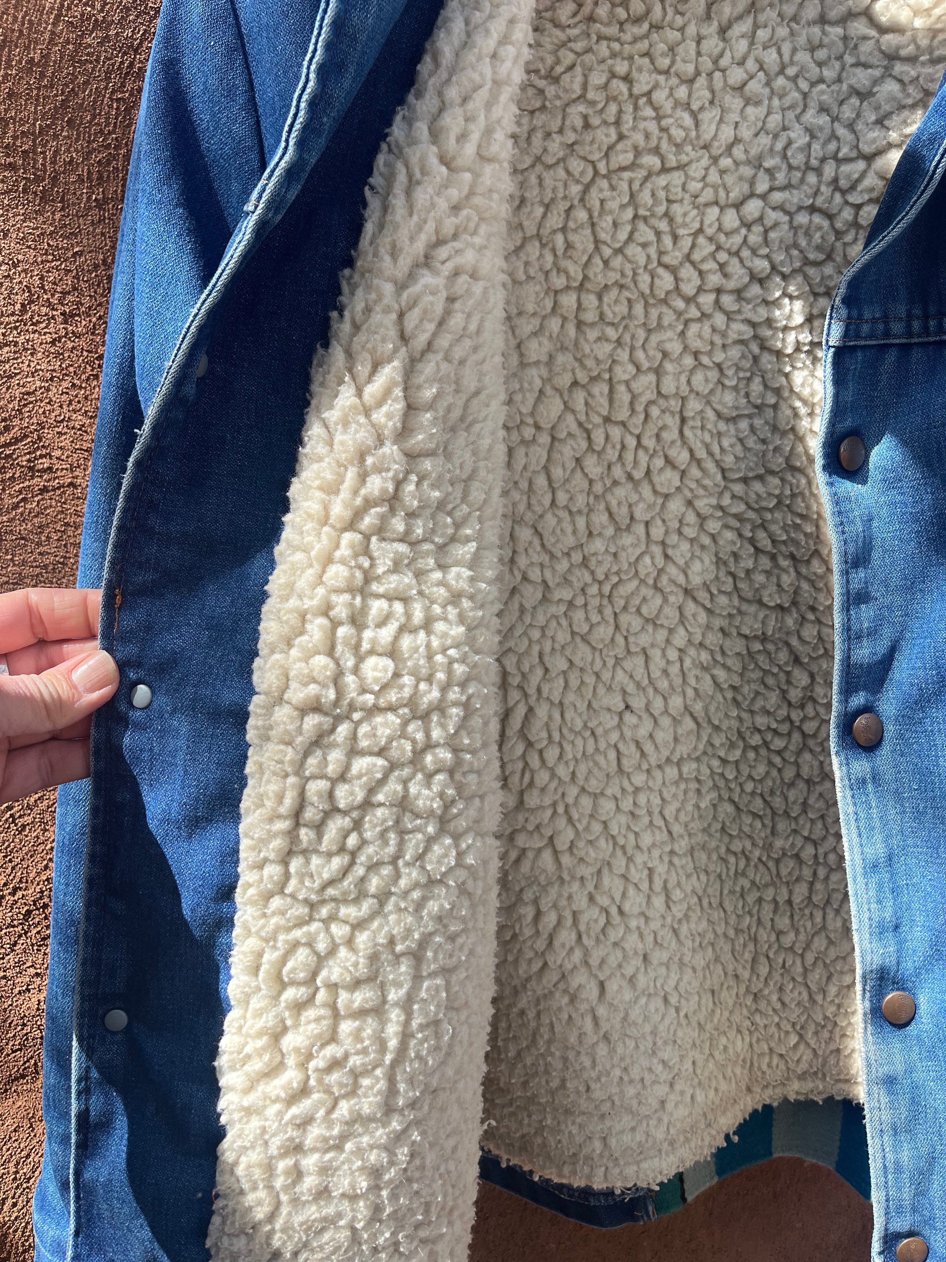 Denim Wrangler fleece Jacket - Handwoven back panel - Size Large