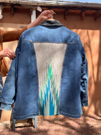 Denim Wrangler fleece Jacket - Handwoven back panel - Size Large