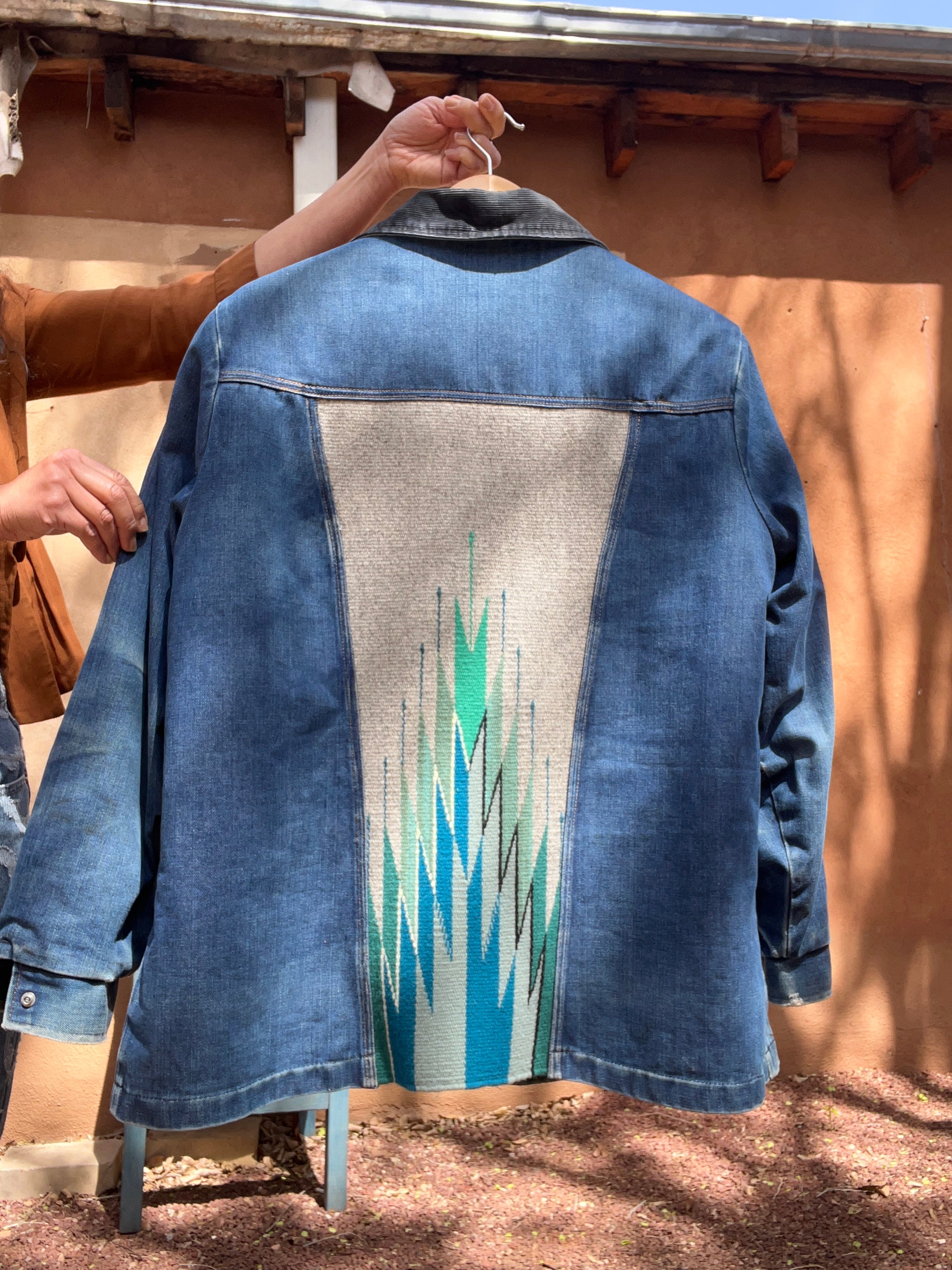 Denim Wrangler fleece Jacket - Handwoven back panel - Size Large