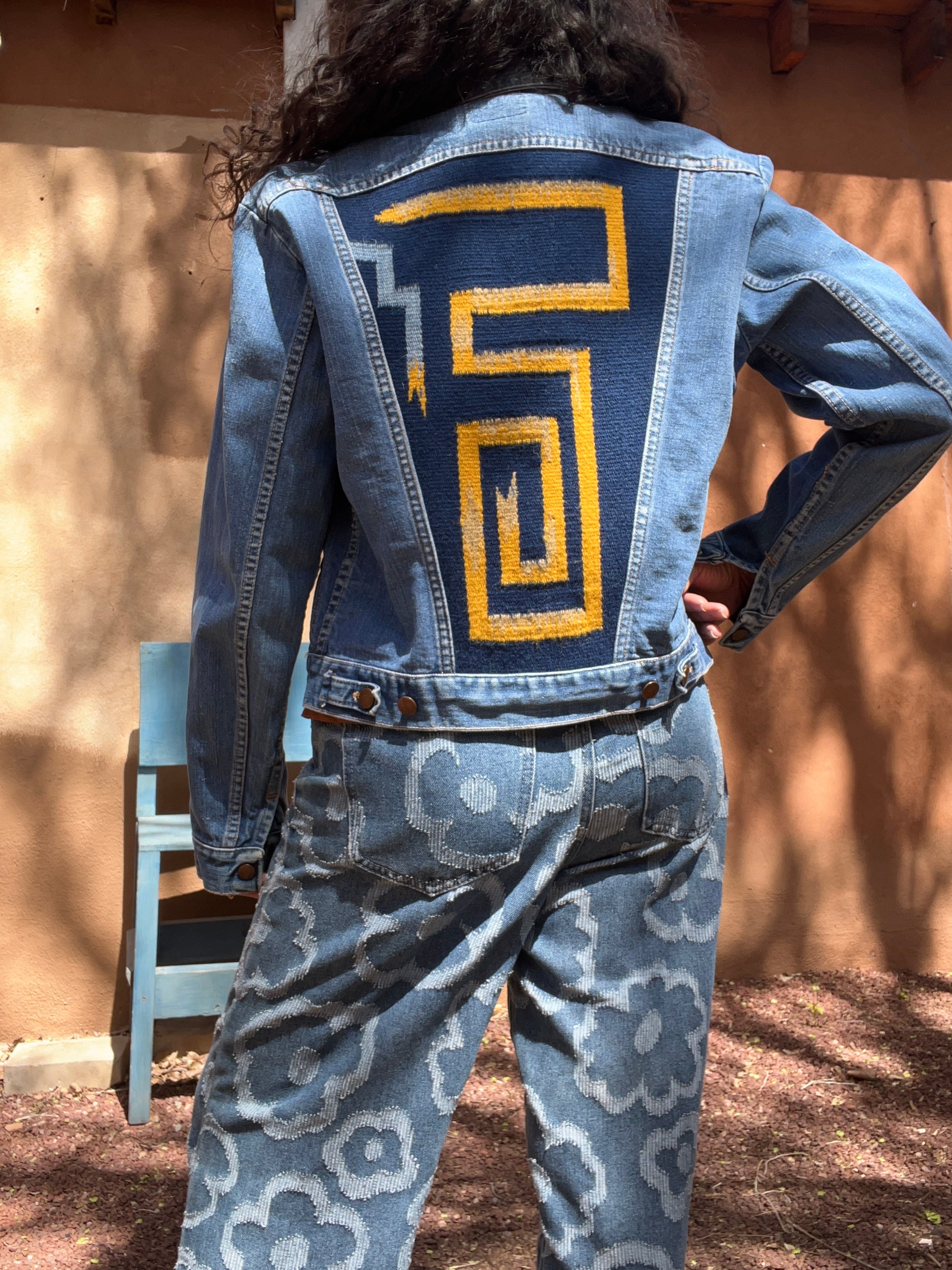 Denim Wrangler Jacket - Handwoven back panel - Size