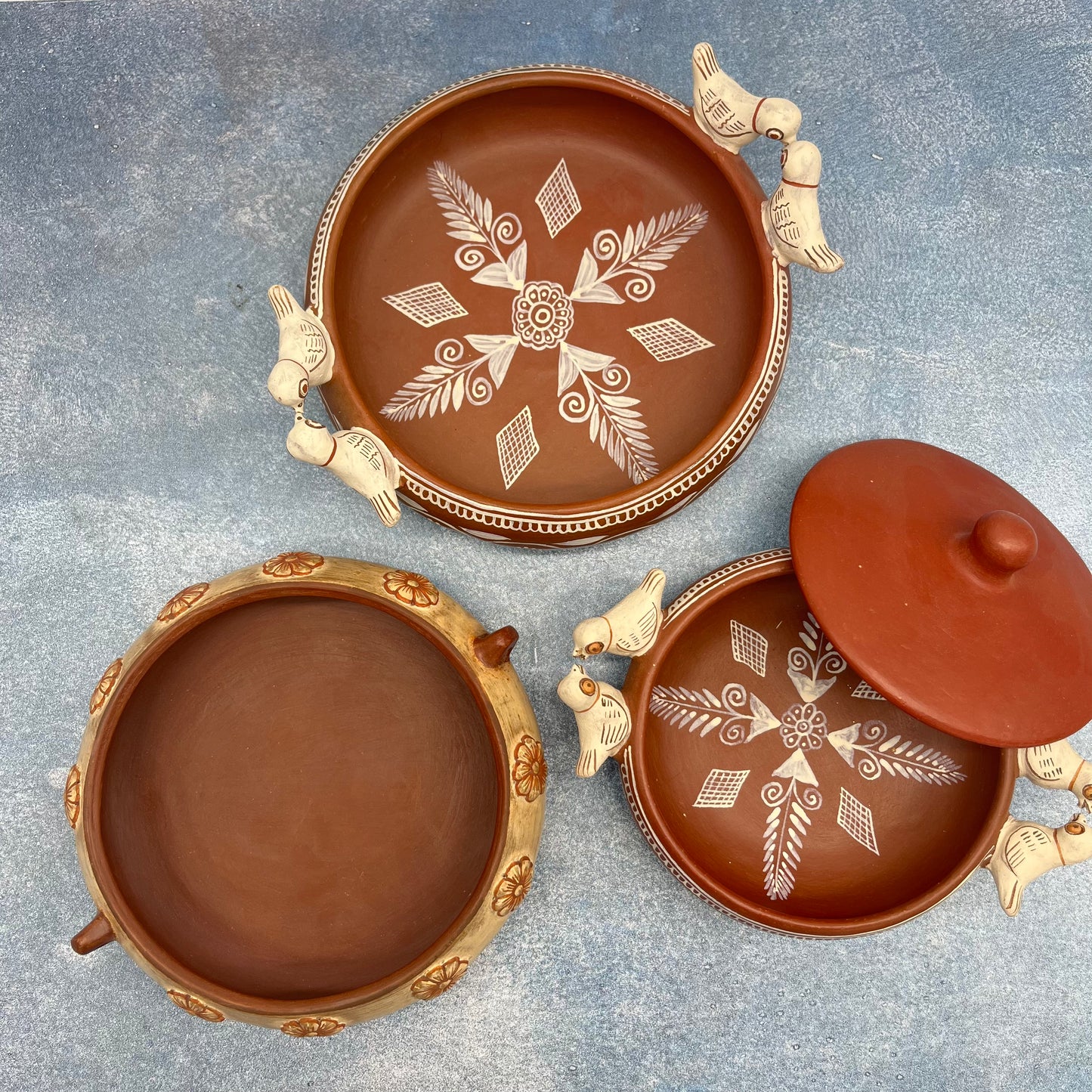 Clay Bowl ~ floral and birds accents