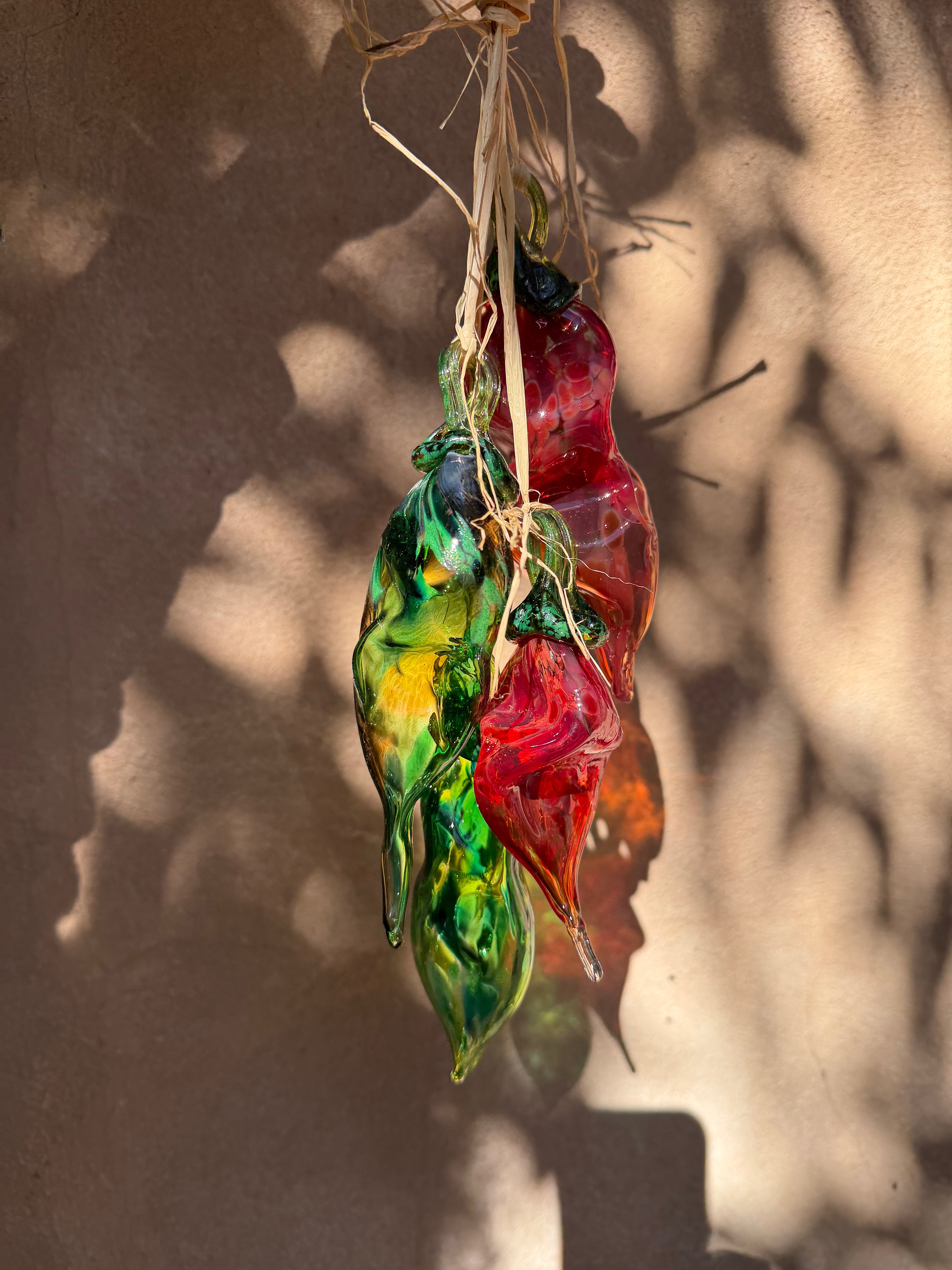 Glass blown ~ Red & green chili ristra ~ four chilis