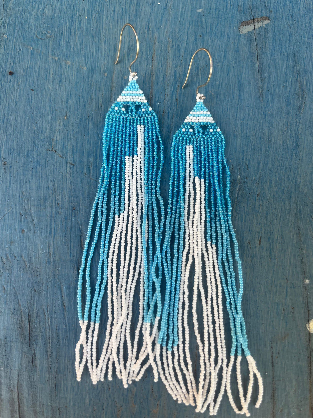 Beaded Fringe Earrings Turquoise + White
