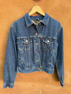 Second-Hand Levi's jacket with an original handwoven back panel- woven with 100% wool, undyed and commercially dyed yarns.