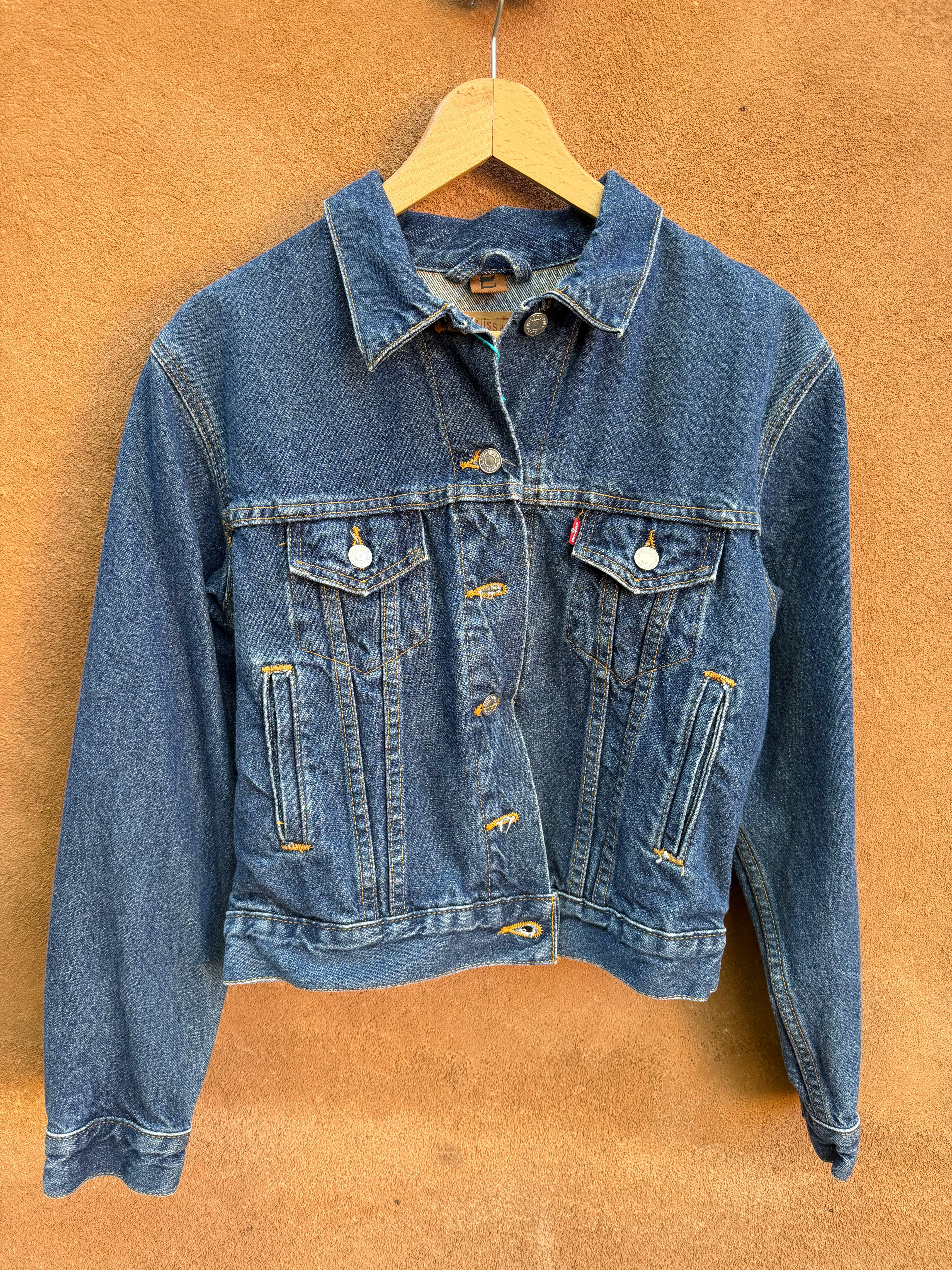 Second-Hand Levi's jacket with an original handwoven back panel- woven with 100% wool, undyed and commercially dyed yarns.