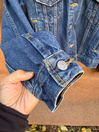 Second-Hand Levi's jacket with an original handwoven back panel- woven with 100% wool, undyed and commercially dyed yarns.