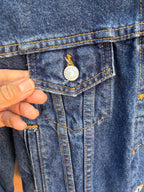 Second-Hand Levi's jacket with an original handwoven back panel- woven with 100% wool, undyed and commercially dyed yarns.