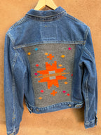 Second-Hand Levi's jacket with an original handwoven back panel- woven with 100% wool, undyed and commercially dyed yarns.