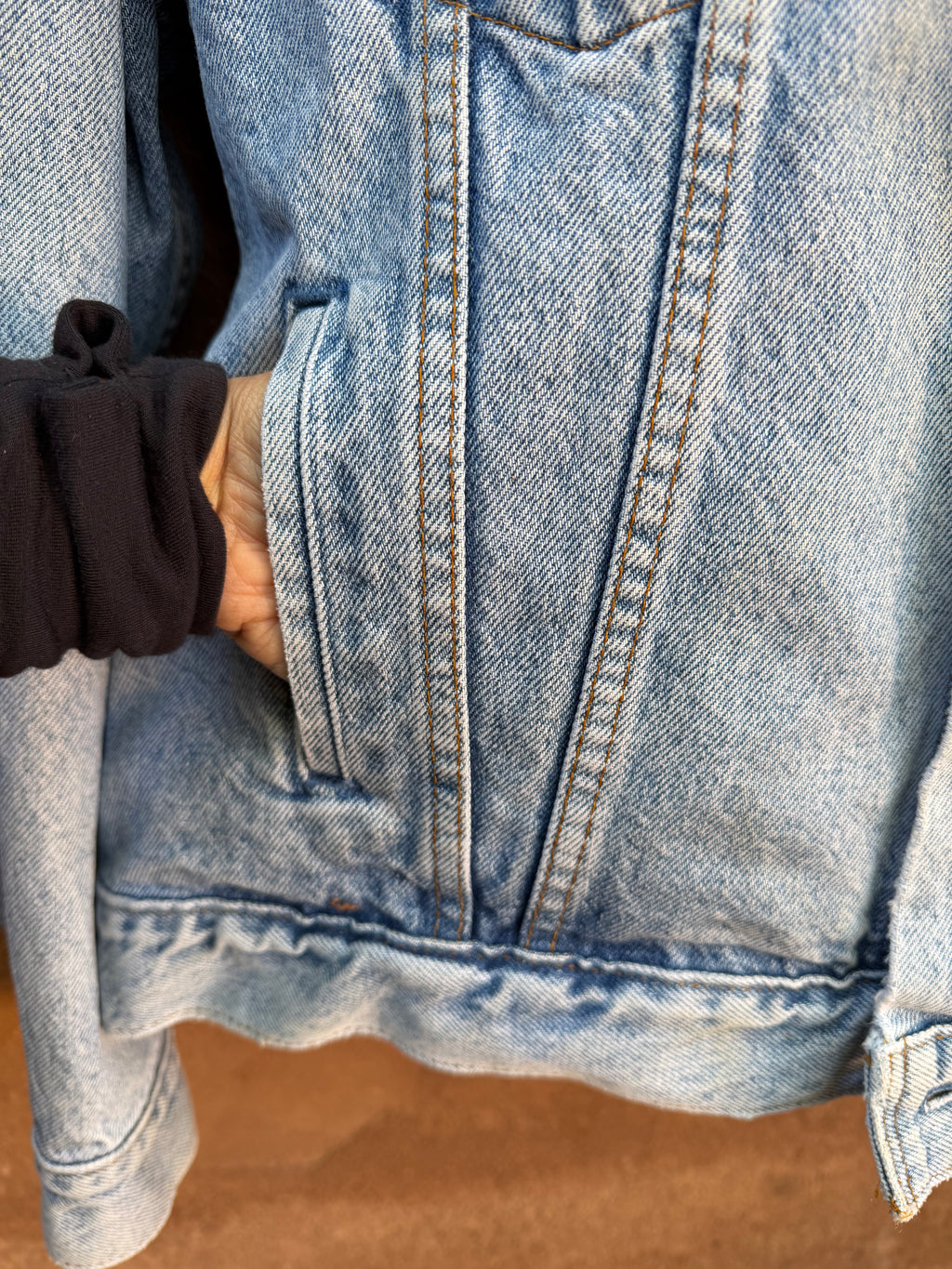 Second-Hand Levi's jacket with an original handwoven back panel- woven with 100% wool, undyed and commercially dyed yarns.