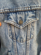 Second-Hand Levi's jacket with an original handwoven back panel- woven with 100% wool, undyed and commercially dyed yarns.
