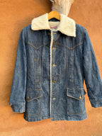 Second-Hand Lee fleece-lined denim jacket with an original handwoven back panel