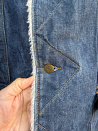 Second-Hand Lee fleece-lined denim jacket with an original handwoven back panel
