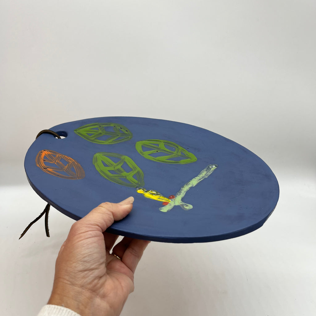 Oval Platter with Handle - Matte Blue & bitanical designs