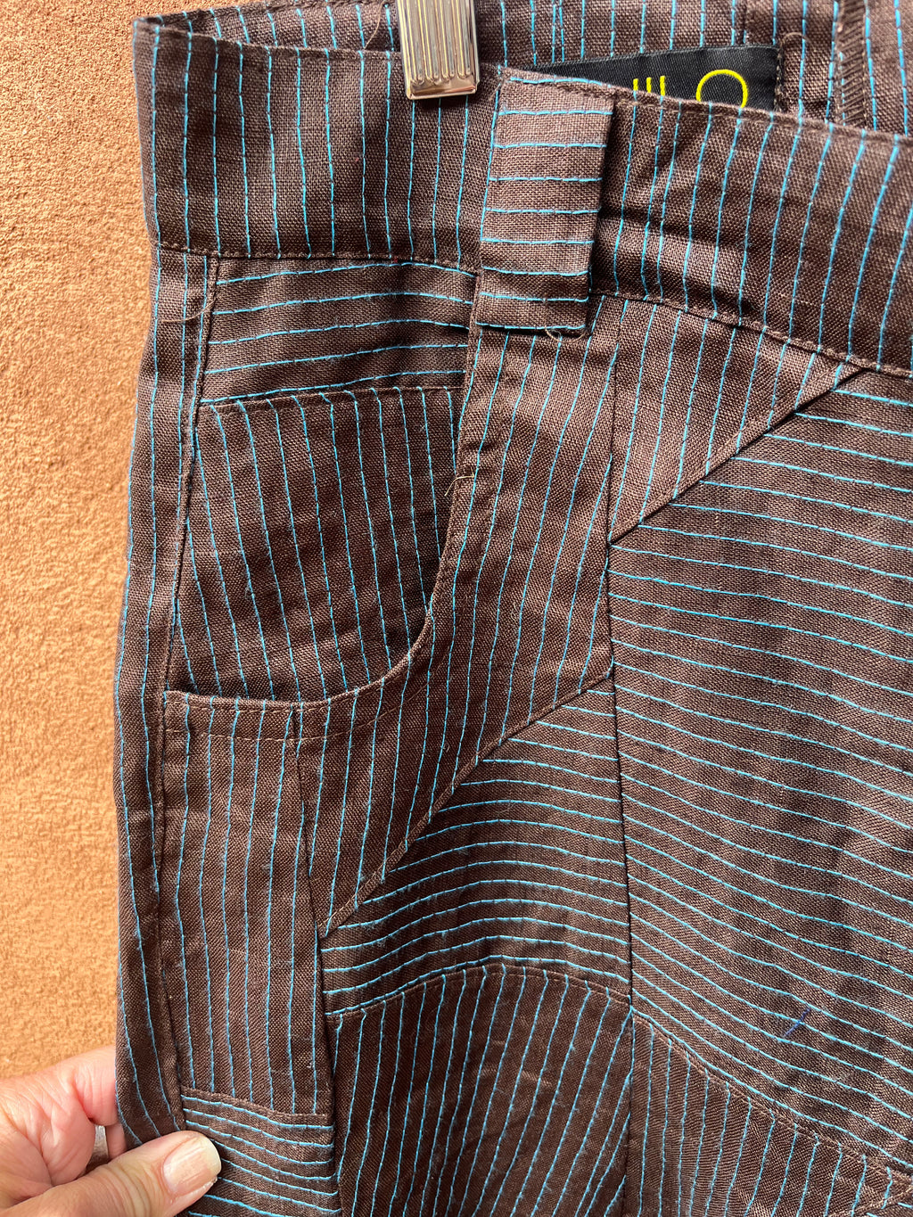 High Waisted Barrel Pants - Brown & turq stitch