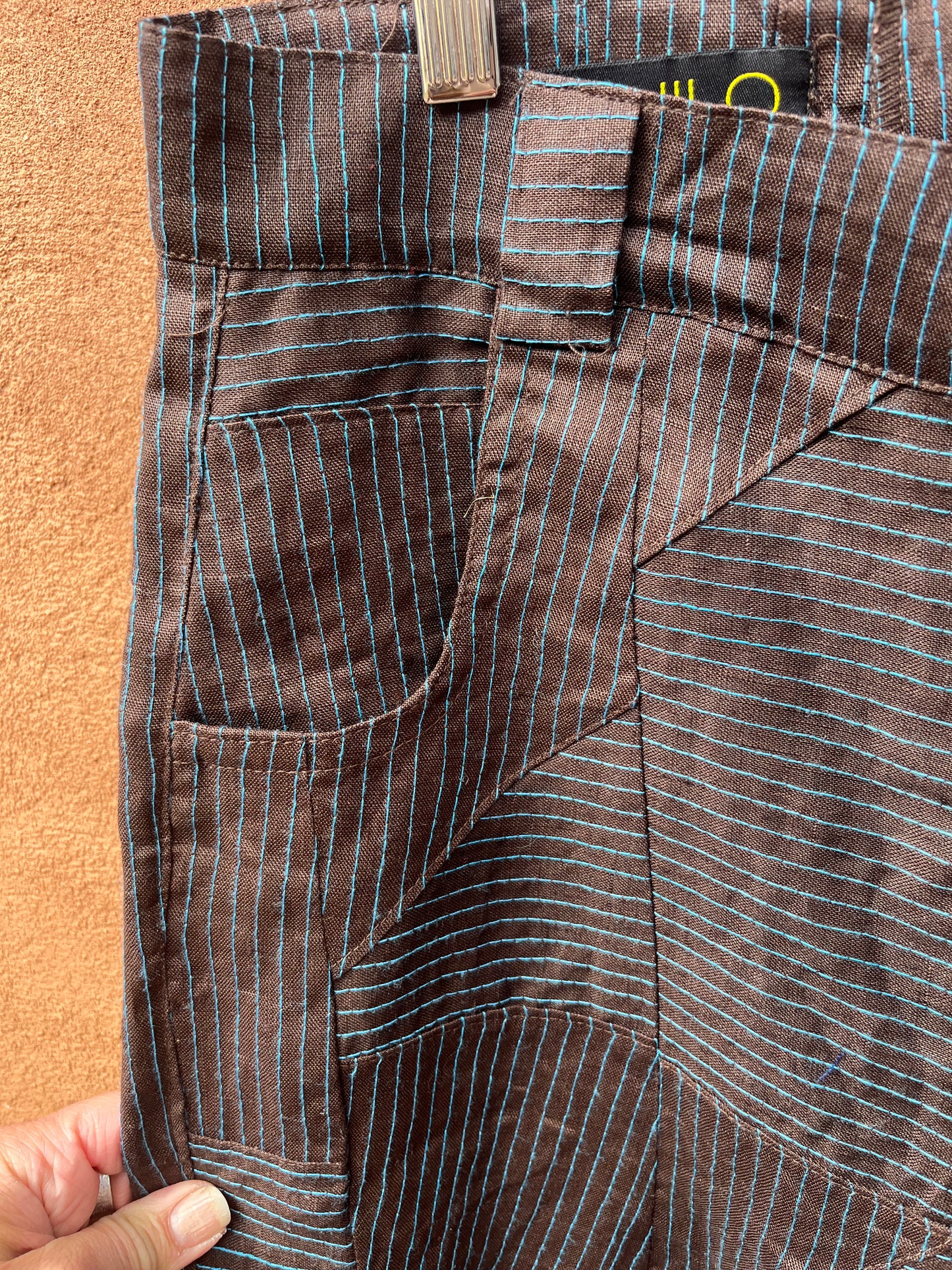 High Waisted Barrel Pants - Brown & turq stitch