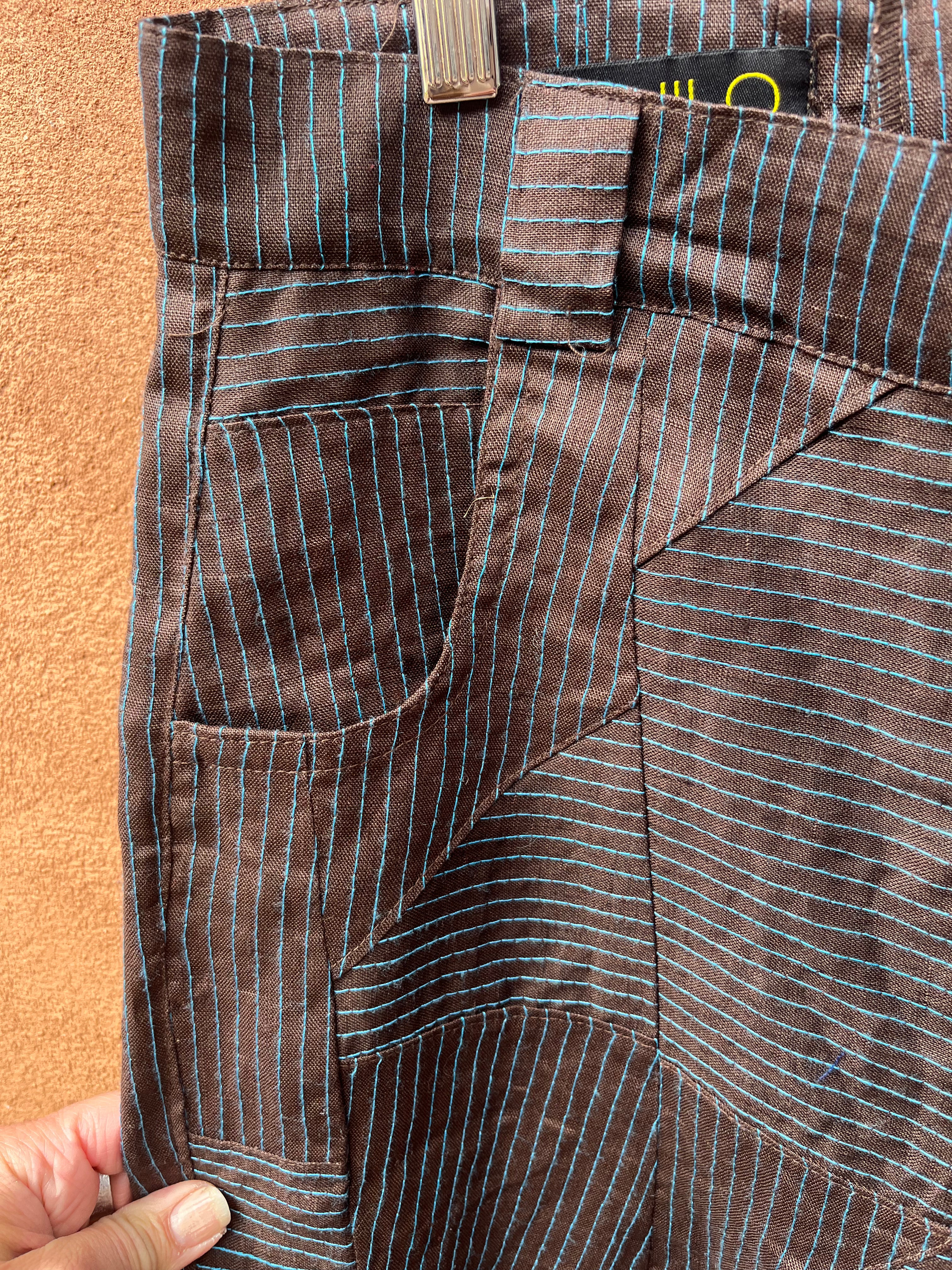 High Waisted Barrel Pants - Brown & turq stitch