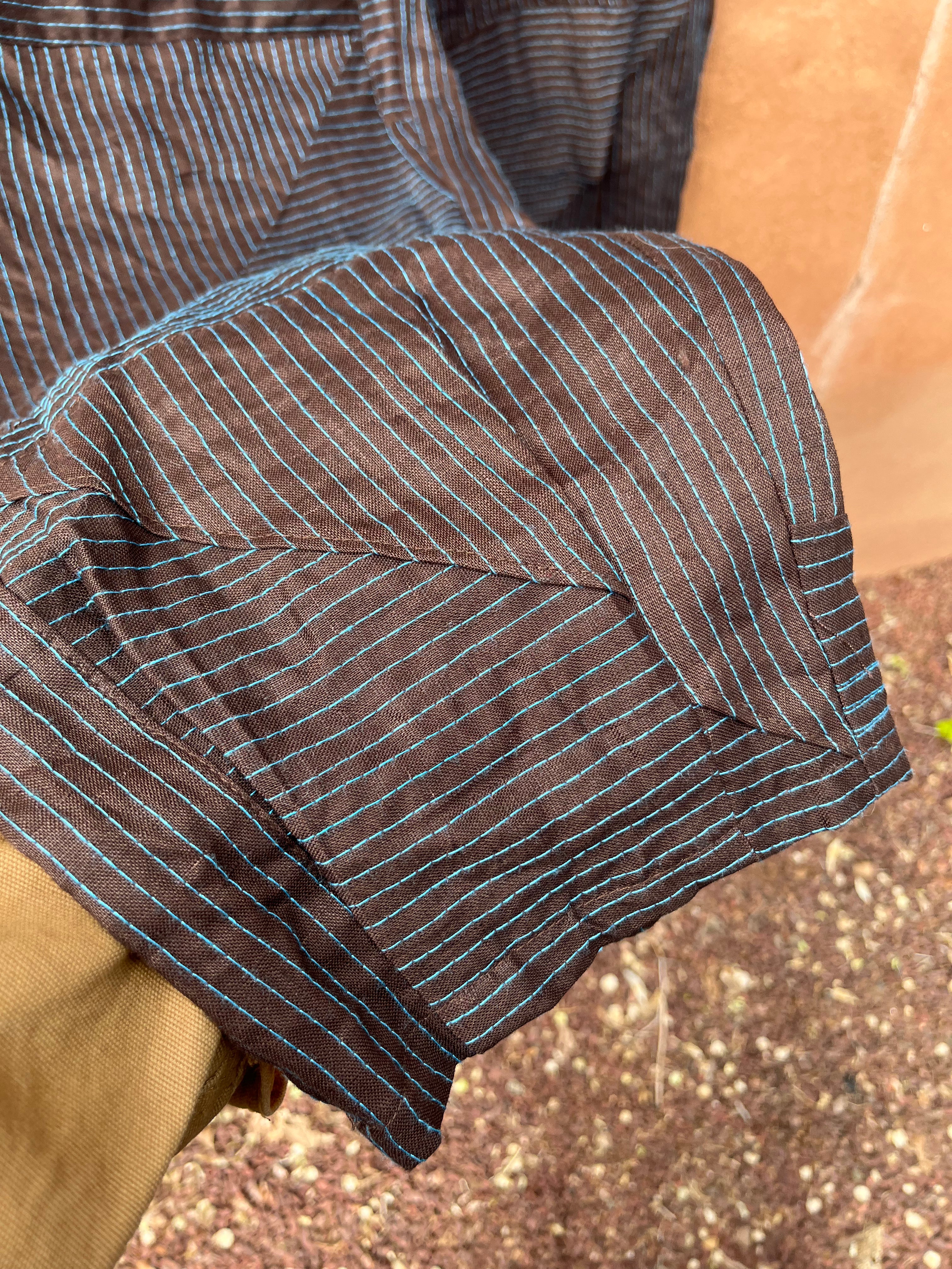 High Waisted Barrel Pants - Brown & turq stitch