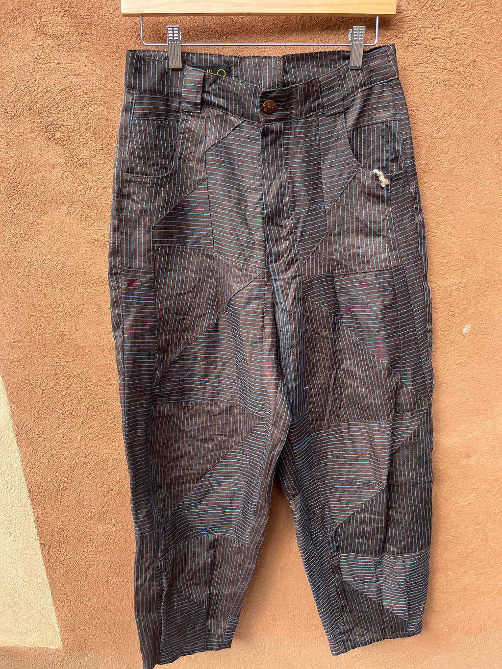 High Waisted Barrel Pants - Brown & turq stitch