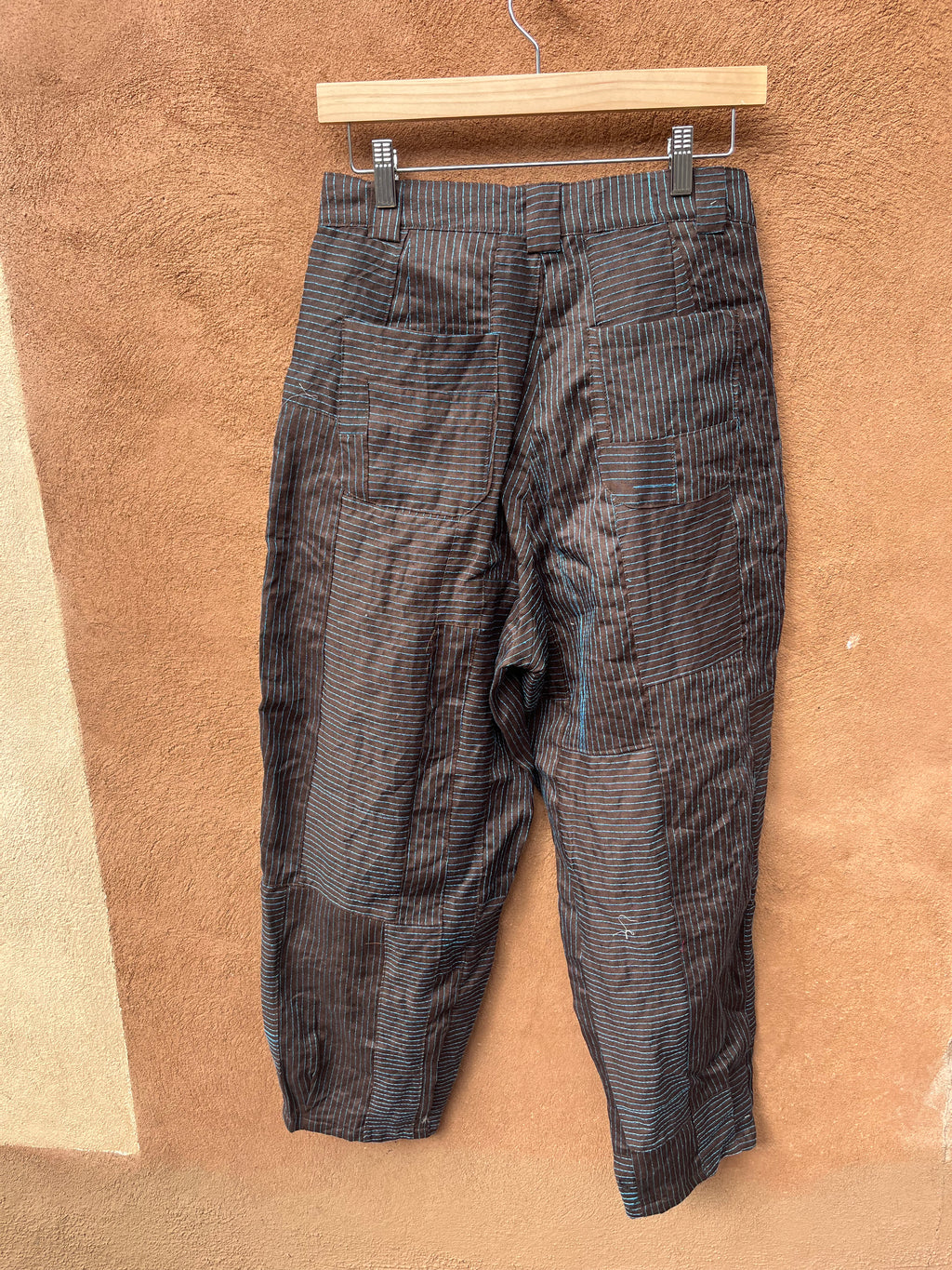 High Waisted Barrel Pants - Brown & turq stitch