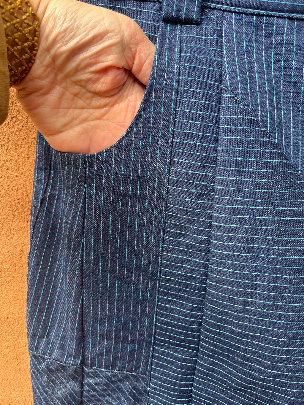 High Waisted Barrel Pants - Jean and turq thread