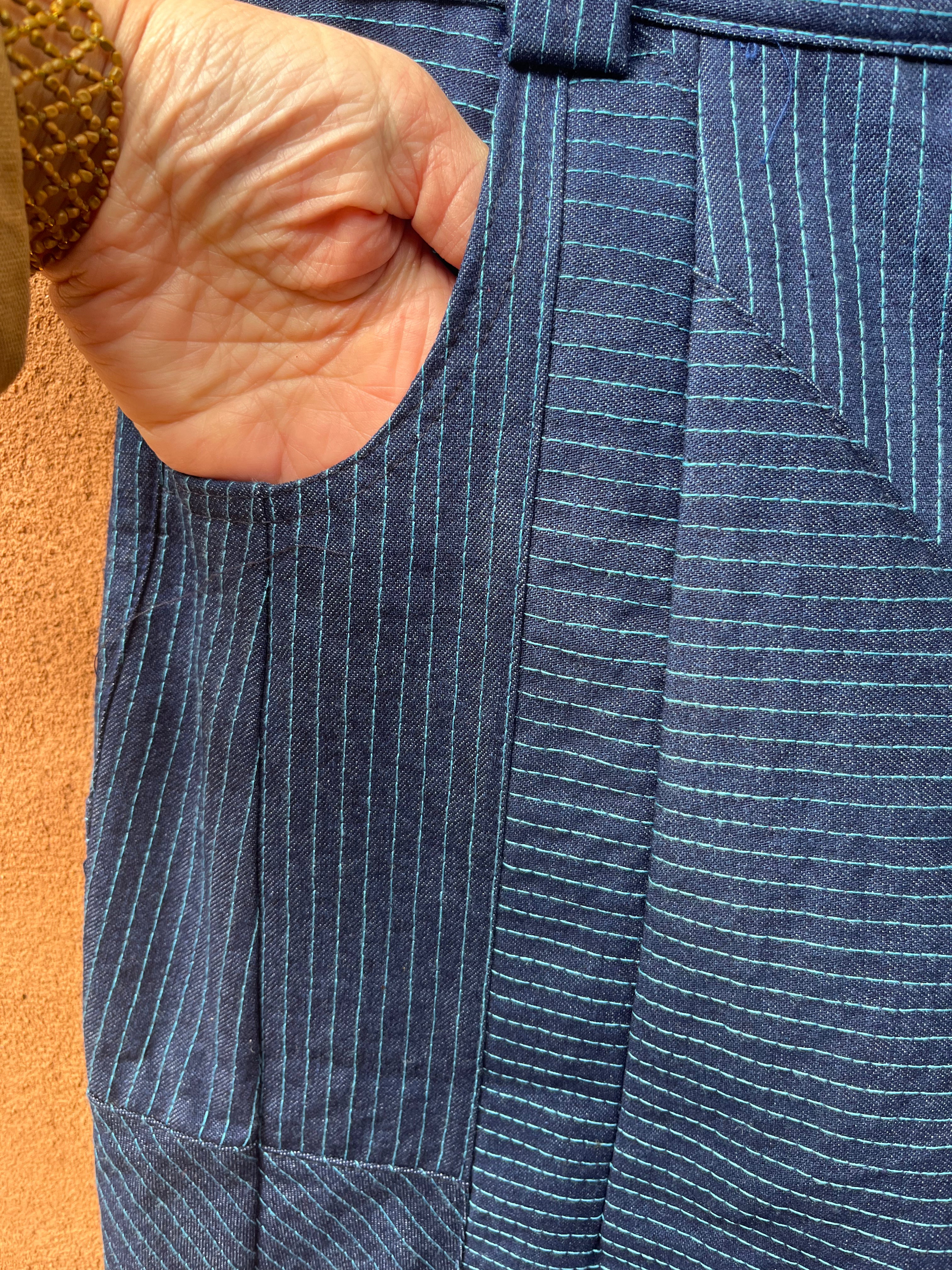 High Waisted Barrel Pants - Jean and turq thread