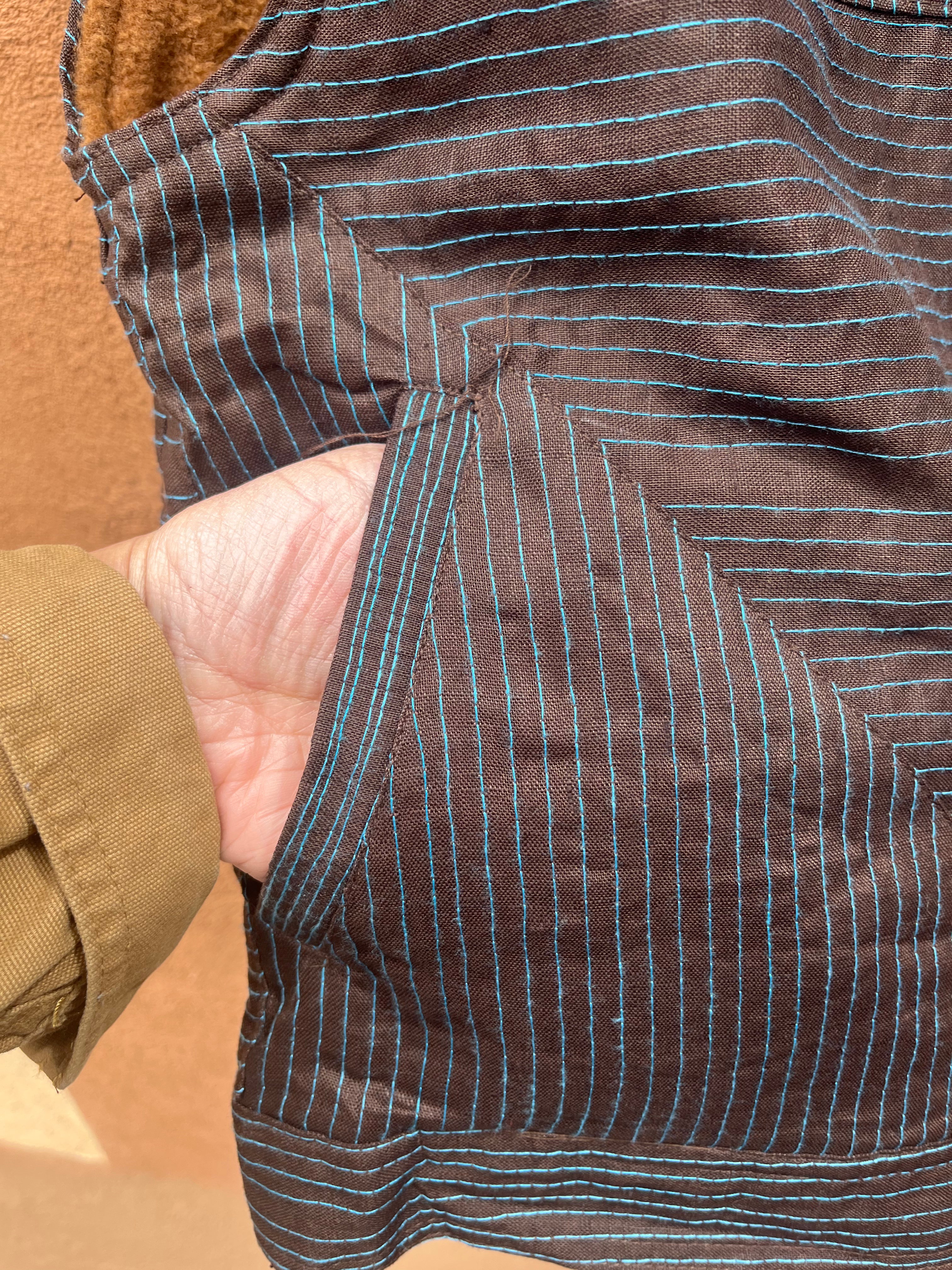 Vest - Brown Linen with turq thread