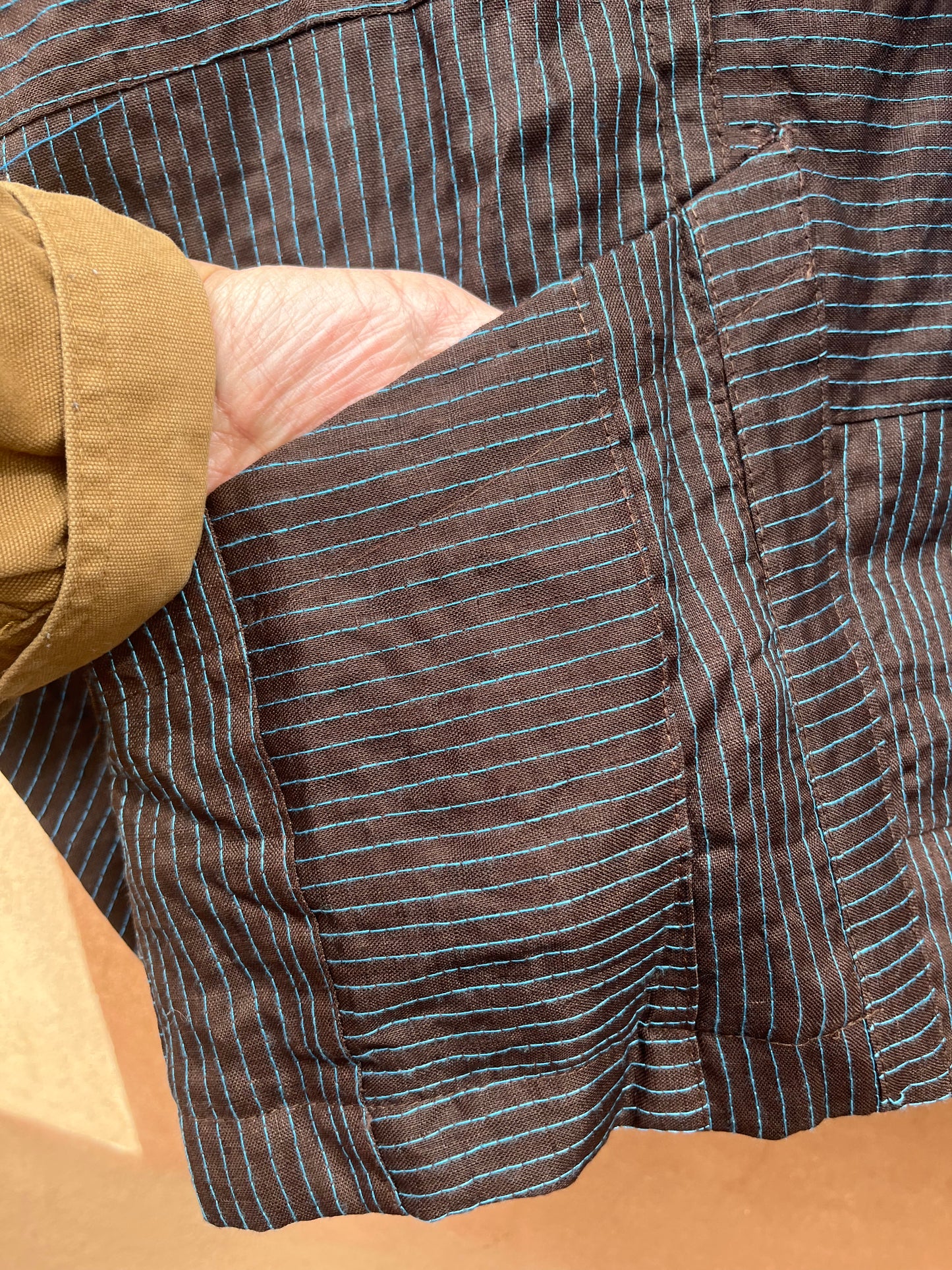 Kimono Blazer - Brown Linen and Turq thread