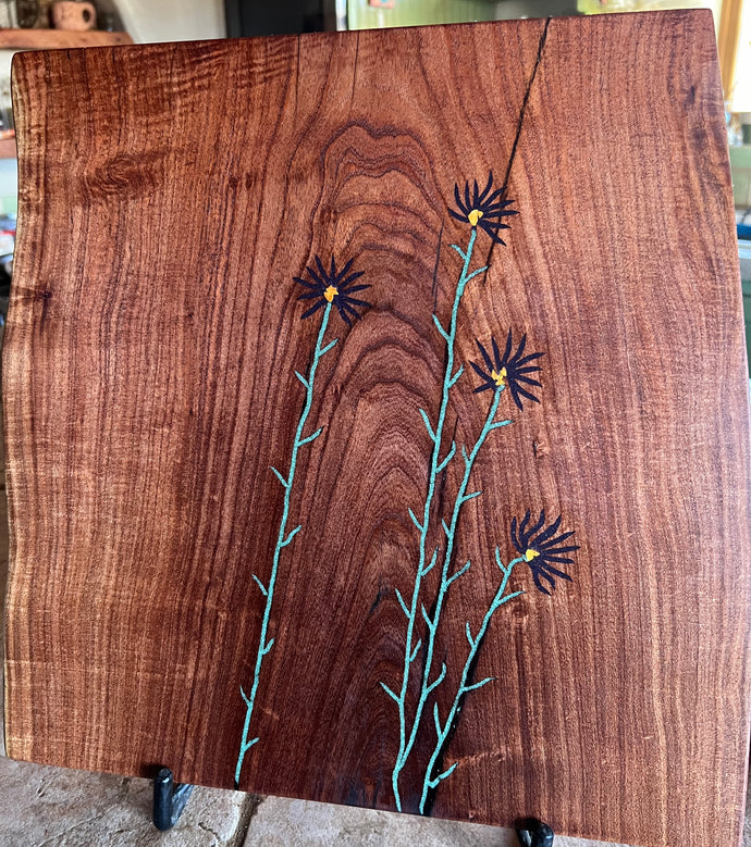 Purple Asters. Turquoise, Orpiment, and Lapis inlaid in velvet mesquite.