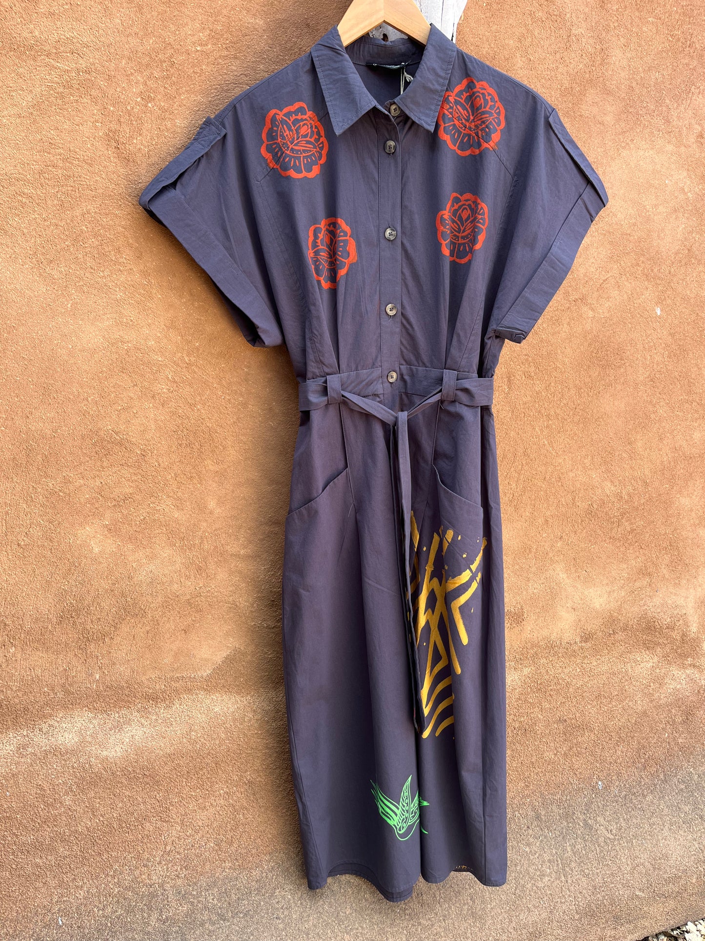 Screenprinted ~ French Cotton Dark Blue Dress - Small