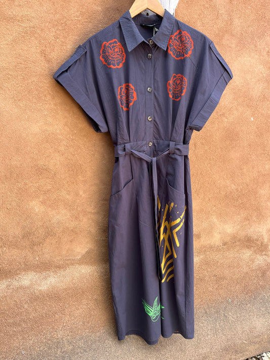 Screenprinted ~ French Cotton Dark Blue Dress ~ Small