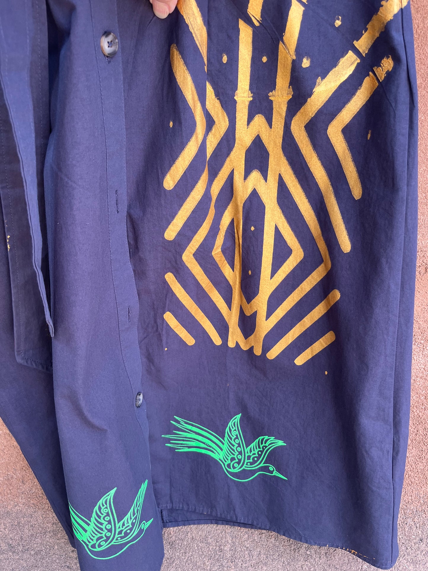 Screenprinted ~ French Cotton Dark Blue Dress - Small