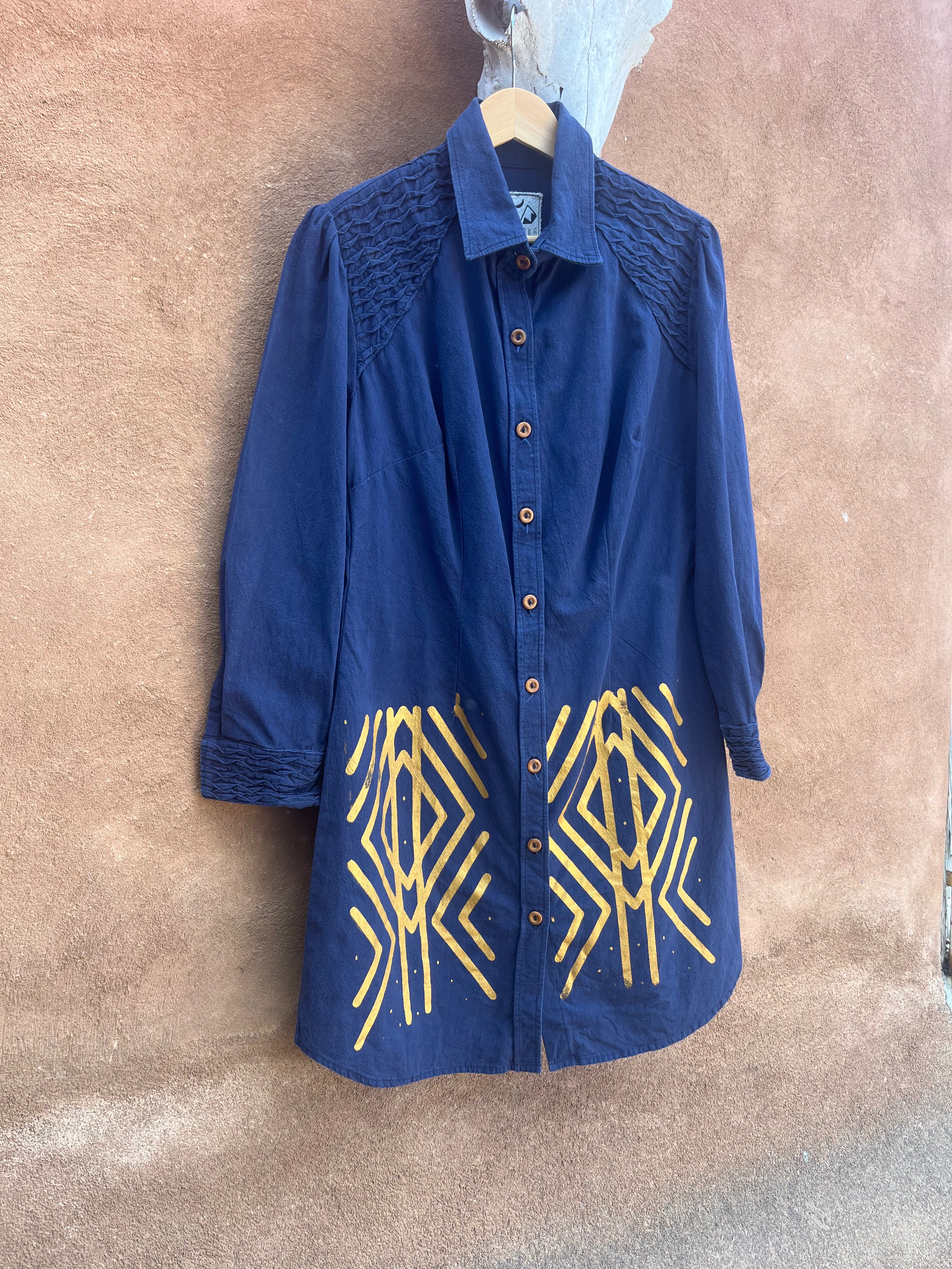 Screenprinted Blue Collared Dress - Medium