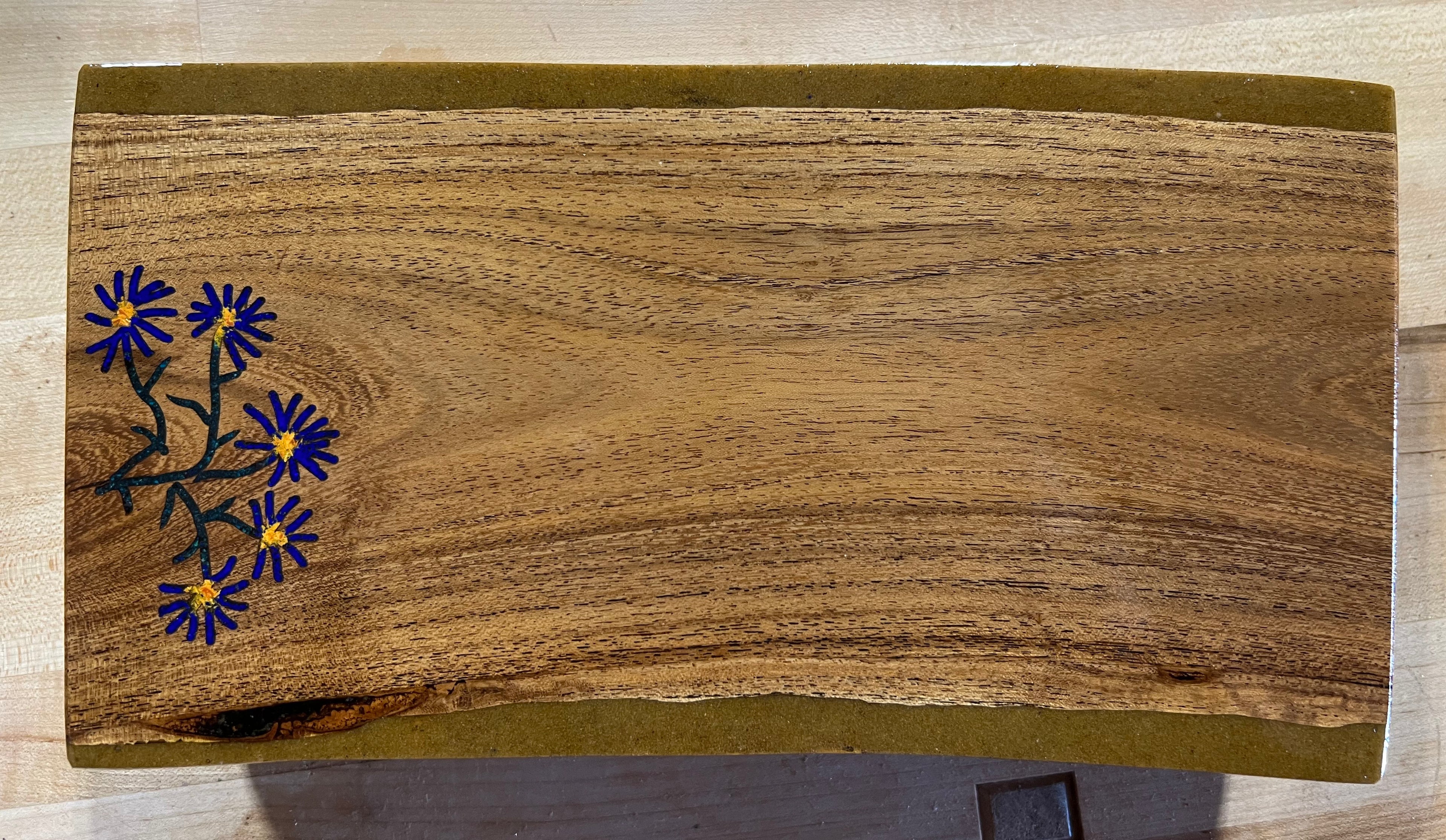 Purple Asters. Peruvian Turquoise, Orpiment, and Lapis Lazuli inlaid in velvet mesquite.