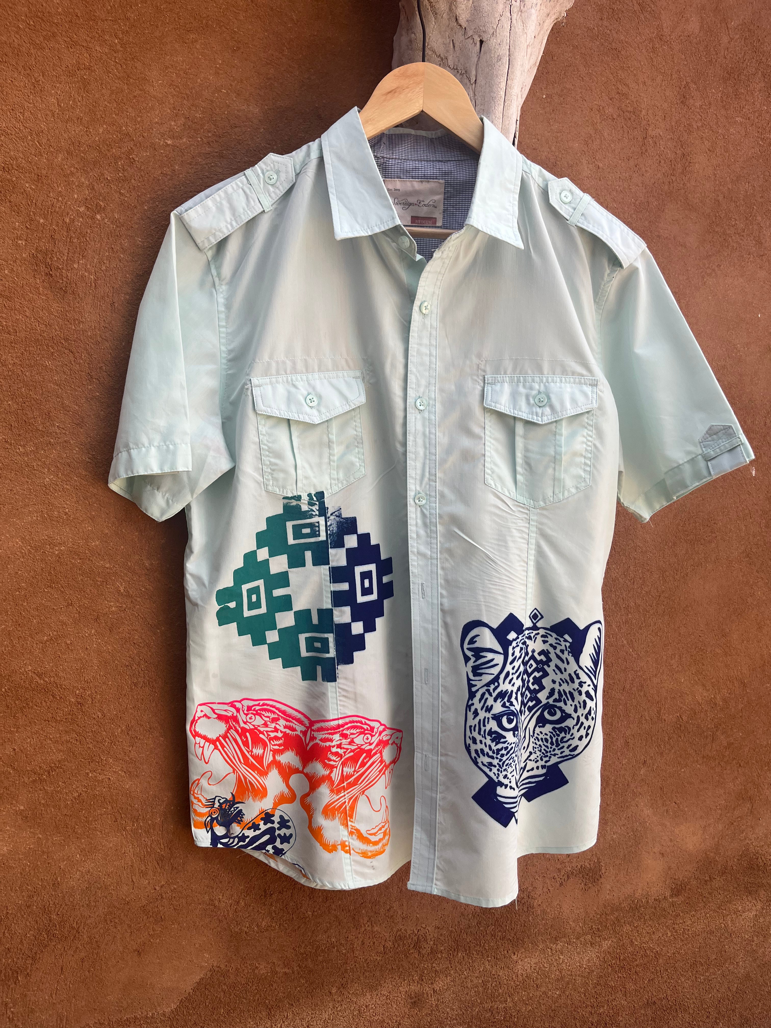 Upcycled Teal short sleeve Shirt - Medium